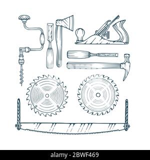 Carpentry tools vector illustrations set: hand drill, axe, jack plane, hammer, saw blade and chisels. Part of woodworking tools collection. Stock Vector