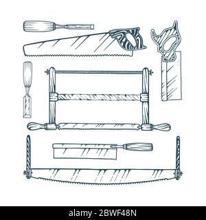 Carpentry tools vector illustrations set: different hand saws and chisels. Part of woodworking tools collection. Stock Vector