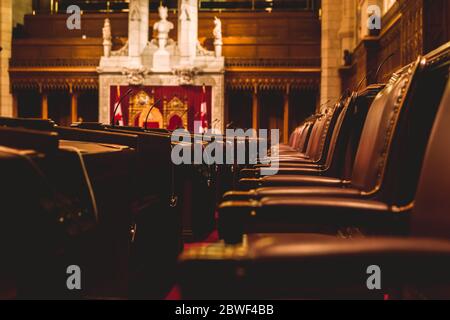 Ottawa, Canada, Oct 9, 2018: Interior of the Senate Chamber in the Canadian Parliament - inside the East Wing of Centre Block Stock Photo