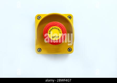 Extreme close-up image of a emergency stop studio isolated on white background Stock Photo