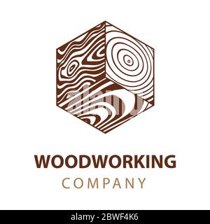 Wood isometric cube abstract vector illustration. Woodworking company or carpenter service logo. Part of set. Stock Vector