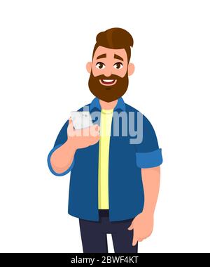 Young man holding smartphone. Mobile phone concept. Vector illustration cartoon style. Stock Vector