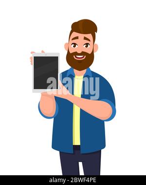 Man holding digital tablet computer. Tablet computer concept illustration. Vector illustration in cartoon style. Stock Vector