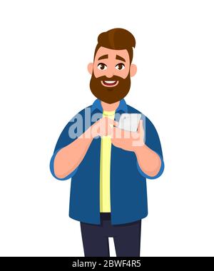 Young man holding or using smartphone. Mobile phone concept. Vector illustration cartoon style. Stock Vector