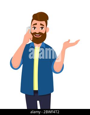 Young man talking/speaking on the smartphone and showing hand gesture. Mobile phone concept. Vector illustration cartoon style. Stock Vector