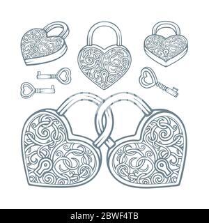 Heart shaped padlocks and keys with vintage style floral ornaments. Symbol of relationship, love and friendship vector illustrations set. Stock Vector