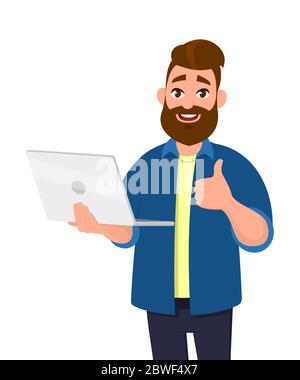 Successful young man holding/using laptop computer (PC) and showing/gesturing thumbs up sign. Laptop computer technology concept in vector illustratio Stock Vector