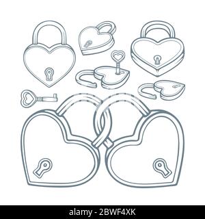 Heart shaped padlocks and keys with vintage style floral ornaments. Symbol of relationship, love and friendship vector illustrations set. Stock Vector