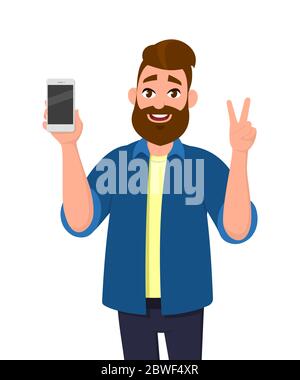 Happy young man showing smartphone and showing victory, V or two (2) sign. Mobile phone technology concept. Vector illustration in cartoon style. Stock Vector