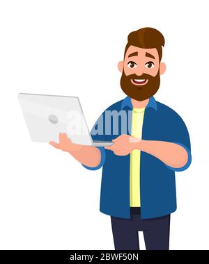 Young handsome man holding laptop computer and smiling while standing. Laptop computer concept illustration. Vector illustration in cartoon style. Stock Vector