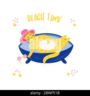 Cat in the hat lies in the bathroom and holds sunglasses. The inscription beach time. Rest and relaxation in the summer season. Colorful vector illust Stock Vector