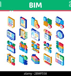 Bim Building Information Modeling Isometric Icons Set Vector Stock Vector