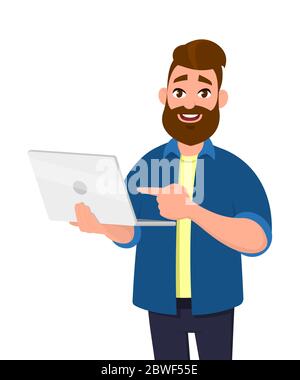 Successful young man holding laptop computer (PC) and pointing towards that. Laptop computer technology concept in vector illustration style. Stock Vector