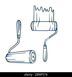 Paint rollers sketch drawings set. Roller brush and color trail vector illustration. Part of set. Stock Vector