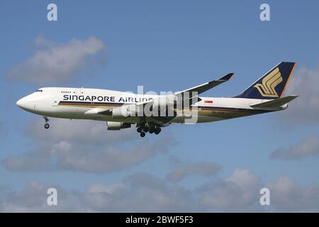 Singapore Airlines Cargo Boeing 747-400BCF with registration 9V-SCB on short final for Amsterdam Airport Schiphol. Stock Photo