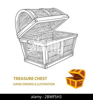 Pirate Doodle Set Sketch Of Chest With Coins Skull Flag And Other Pirate Belongings Vector