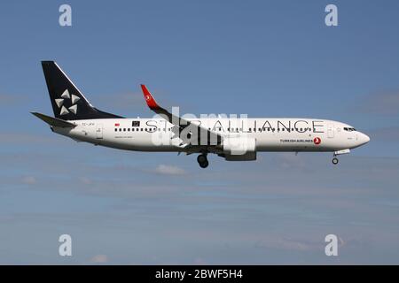 Turkish Airlines Boeing 737-800 in special Star Alliance livery with registration TC-JFH on short final for Amsterdam Airport Schiphol. Stock Photo
