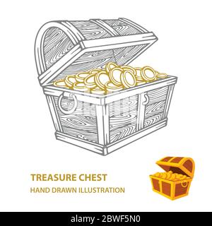 Treasure chest with golden coins. Hand drawn opened wooden pirate chests vector illustration. Stock Vector