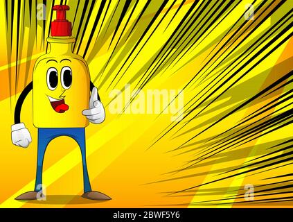 Cartoon Bottle of hand sanitizer gel pointing at the viewer with his hand. Stock Vector