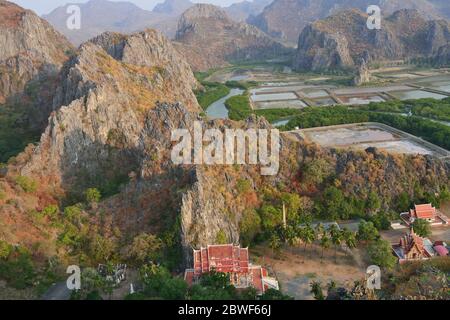 Aerial view of the limestone mountains with wetland and mangrove forest, Buddhist temple in the valley, Public attractions Khao Daeng Viewpoint Stock Photo