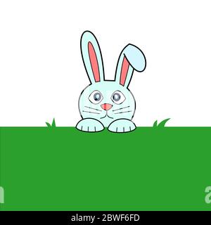 Blue rabbit emerges from the burrow on green grass field, Easter bunny with red ears isolated on white background Stock Vector