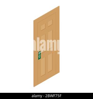 Vector illustration realistic door with handle and hotel hanger, sign please do not disturb isolated on white background. Stock Vector