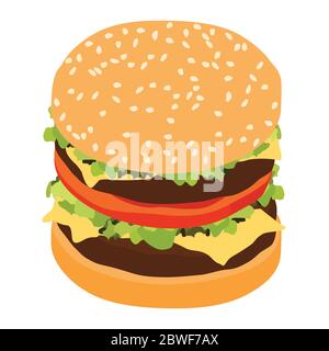 Vector Realistic Double Hamburger Classic Burger American Cheeseburger with Lettuce Tomato Onion Cheese Beef and Sauce Close up isolated on white Back Stock Vector