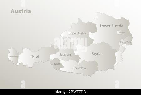 Austria map administrative division separates regions and names individual region, card paper 3D natural vector Stock Vector