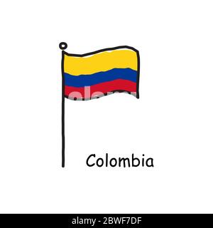 hand drawn sketchy Colombia flag on the flag pole. three color flag . Stock Vector illustration isolated on white background. Stock Vector