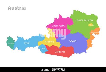 Austria map, administrative division, separate individual states with state names, color map isolated on white background vector Stock Vector