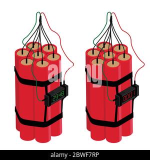 Realistic Detailed Isometric Red Detonate Dynamite Bomb Stick and Timer Clock Isolated on White Background. Vector illustration Stock Vector