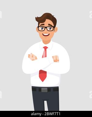Portrait of handsome young man in white shirt and red tie keeping arms crossed, with eyeglasses. Businessman standing with folded arms pose. Vector Stock Vector