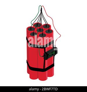 Realistic Detailed Isometric Red Detonate Dynamite Bomb Stick and Timer Clock Isolated on White Background. Vector illustration Stock Vector