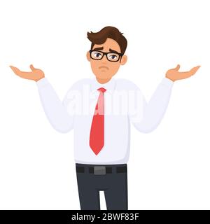 Oops. Sorry. I don't know. Portrait of confused young businessman shrugging shoulders, shows helpless question gesture, spread his hands. Illustration Stock Vector