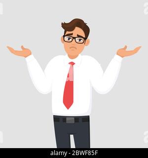 Oops. Sorry. I don't know. Portrait of confused young businessman shrugging shoulders, shows helpless question gesture, spread his hands. Illustration Stock Vector