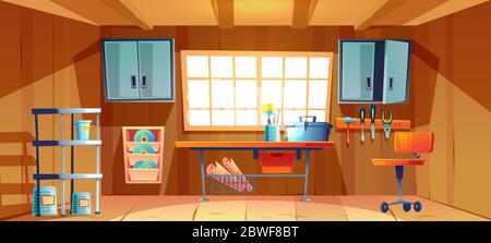 Garage interior with tools for carpentry and repair works. Vector cartoon illustration of workshop or storeroom with toolbox and paint brushes on work Stock Photo