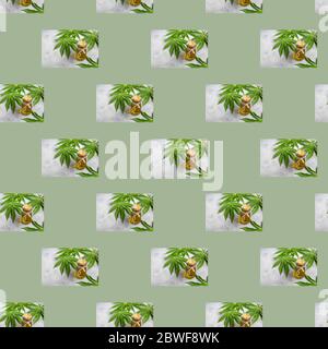 Seamless pattern with cannabis leaves and a bottle of oil on a green background. Minimal isometric texture. Use for blackboard printing on fabric. Vie Stock Photo