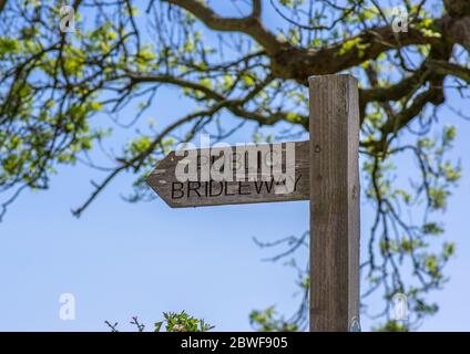 A wooden arrow directional public bridleway sign post for horse riders in the Yorkshire Wolds. Stock Photo