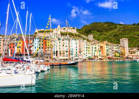 beautiful Portovenere fishing village in Liguria and popular tourist attraction. Famous  'Cinque terre' in Italy Stock Photo