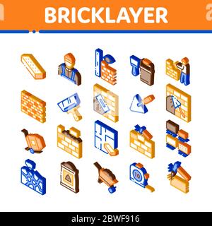 Bricklayer Industry Isometric Icons Set Vector Stock Vector