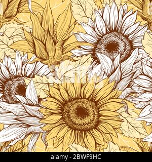 Sunflowers field seamless vector pattern for fabric textile design. Flat colors, easy to print. Line art colored yellow wildflowers with pastel orange leaves silhouettes.Sunflower Blossom Stock Vector