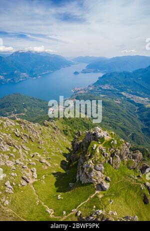 Aerial view of Lake Como and Tremezzina from the top of Mount Grona over Menaggio. Menaggio, Como Lake, Lombardy, Italy, Europe. Stock Photo