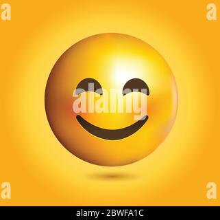 High quality emoticon vector on yellow gradient background. Emoji blushing with closed eyes. Yellow face blushing and smiling emoji. Stock Vector