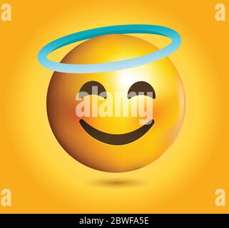 High quality emoticon on yellow gradient background vector.Emoji Smiling Face With Halo. A yellow face smiling, closed eyes, and blue halo Stock Vector