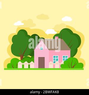 Simple  flat pink house with green trees on yellow background. Vector Illustration of cityscape.Cottage, modern architecture. Idea of real estate. Stock Vector