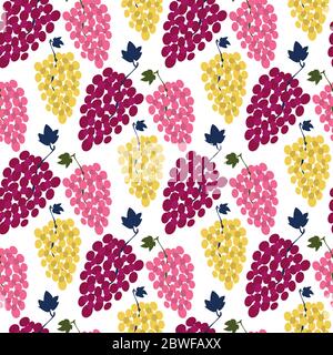 Grape bunch seamless pattern. Wine grape varieties. Red, light, pink berry. Vector illustration isolated on white background. Winery Surface Design Stock Vector