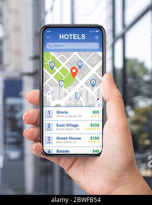 Female tourist picking hotel using GPS map with navigation pins on city street, collage Stock Photo