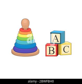 Building ABC block. Cartoon vector illustration. Baby toy pyramid, Playing wooden alphabet cube. logic game. Kid play developement. stack game Stock Vector