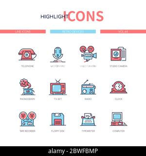 Retro devices - line design style icons set Stock Vector