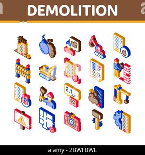 Demolition Building Isometric Icons Set Vector Stock Vector